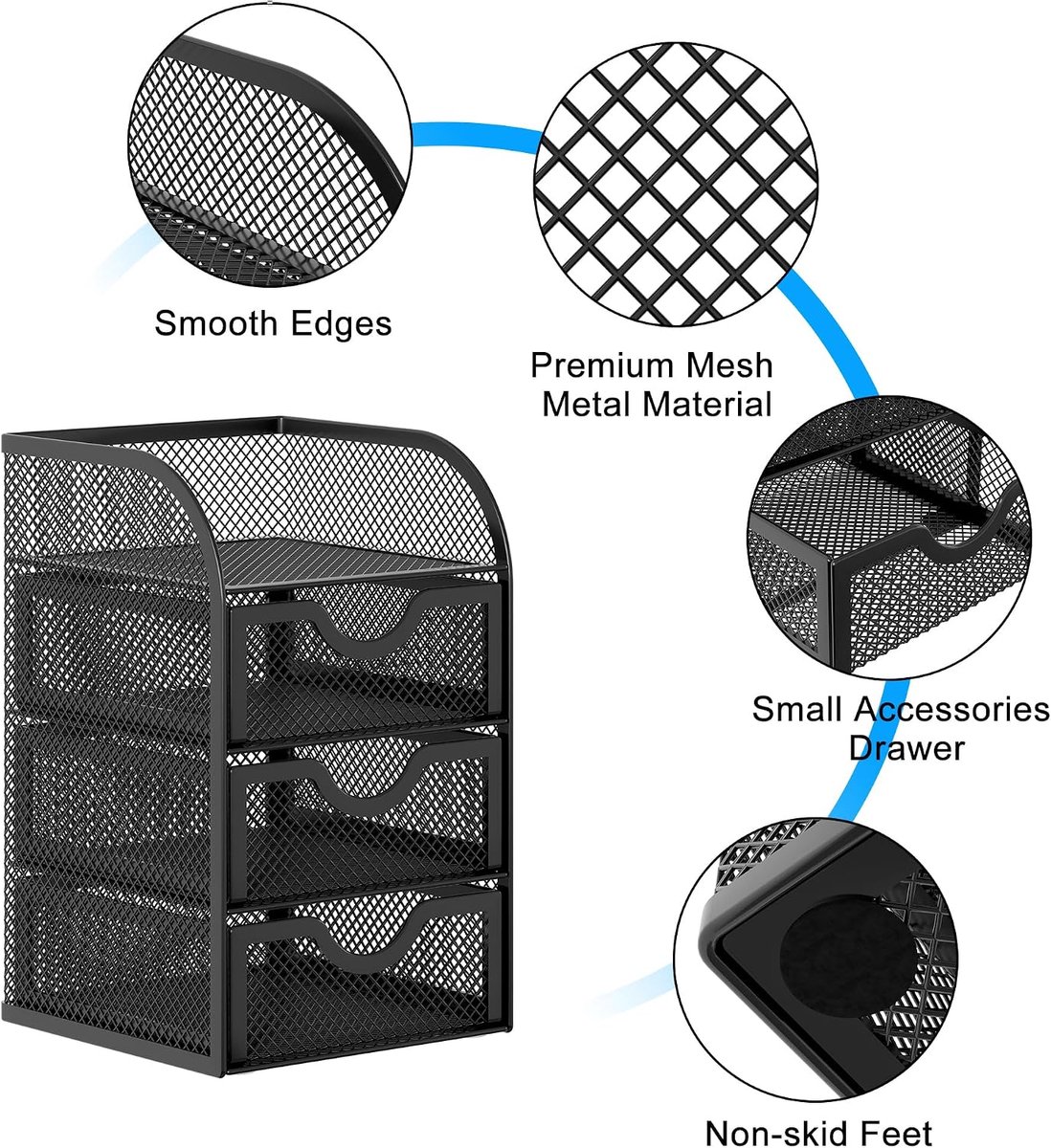 3-Laden Mesh Bureau Organizer - Zwart - Desktop Opbergrek voor Kantoorbenodigdheden en Briefpapier - Voor Kantoor - Thuis en Studenten — cadeau in Cadeau-ideeën - foto 5