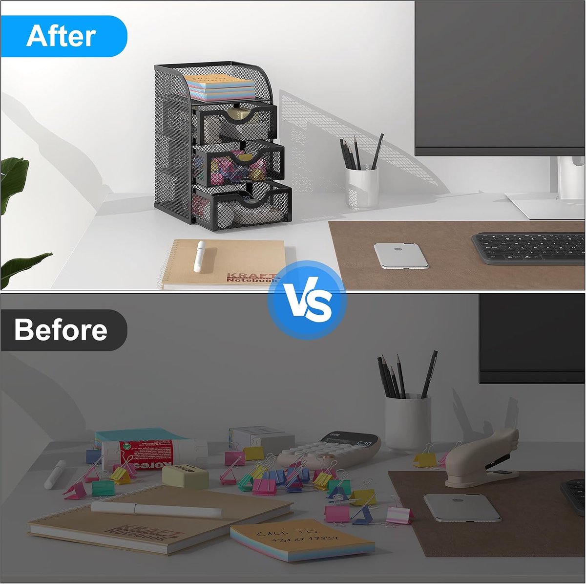 3-Laden Mesh Bureau Organizer - Zwart - Desktop Opbergrek voor Kantoorbenodigdheden en Briefpapier - Voor Kantoor - Thuis en Studenten — cadeau in Cadeau-ideeën - foto 3