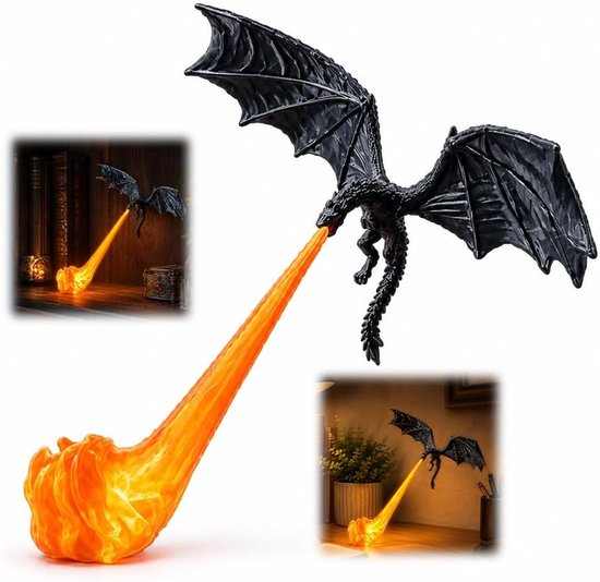 Zwarte draak spuwt oranje LED-vlammen, getoond op een boekenplank en als losstaand figuur.