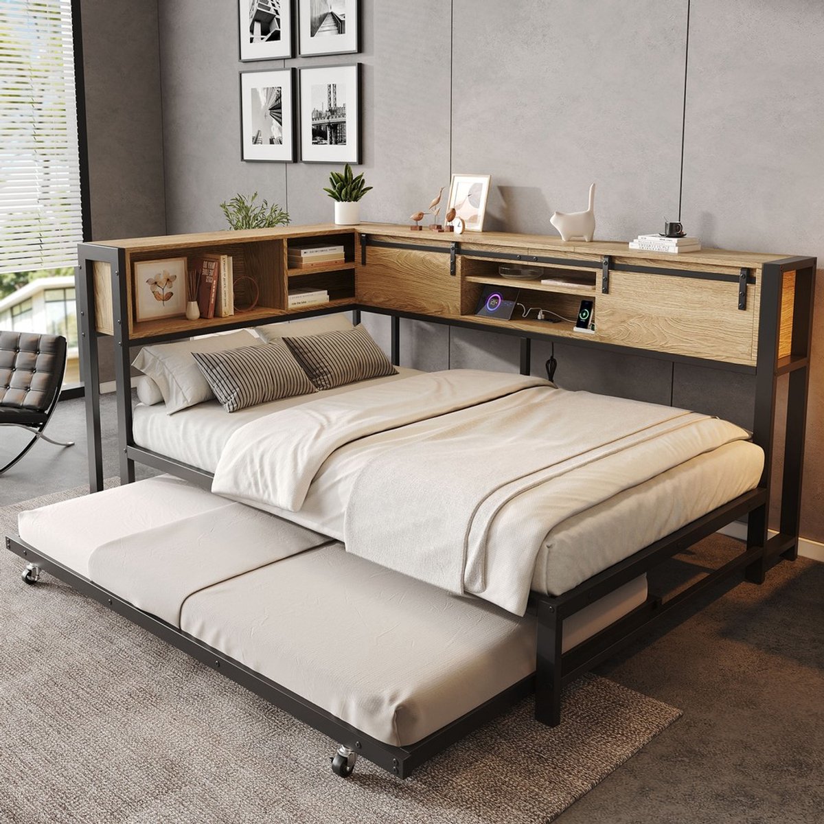 KOMHTOM Metalen bed 120 x 200 cm met uitschuifbed 90 x 190 cm, tweepersoonsbed met opbergruimte in houtlook, schuifdeuren, uitschuiffunctie en flexibele opbergkast aan de korte zijde, zwart + naturel