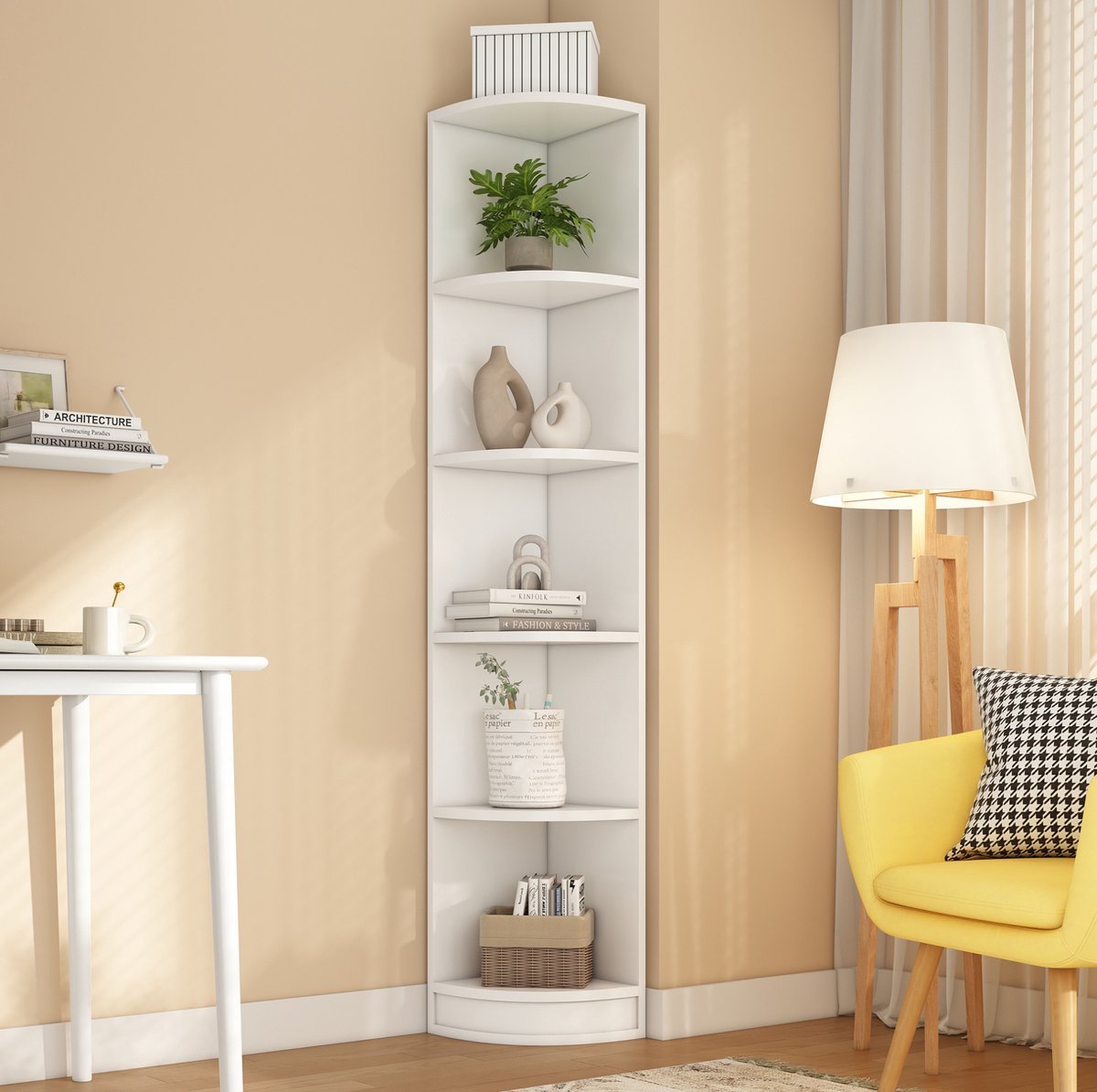 REDOM - Hoekboekenrek - Vijf lagen - Triangulair hoekdesign - Open opbergruimte - Minimalistische stijl - Woonkamer - MDF - Wit - 42 x 30 x 180 cm