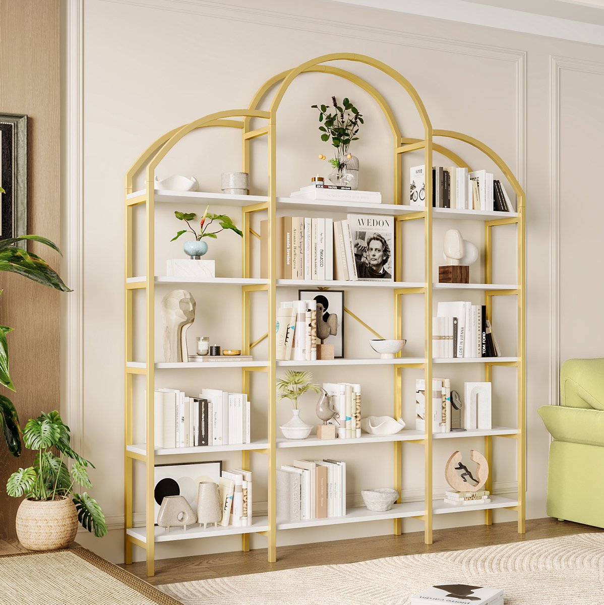 REDOM - Displayrek - Vijf niveaus - Open opbergstructuur - Wolkvormige decoratie - Moderne stijl - Woonkamer of kantoor - Metaal en MDF - Goud en Wit - 170 x 26 x 190 cm
