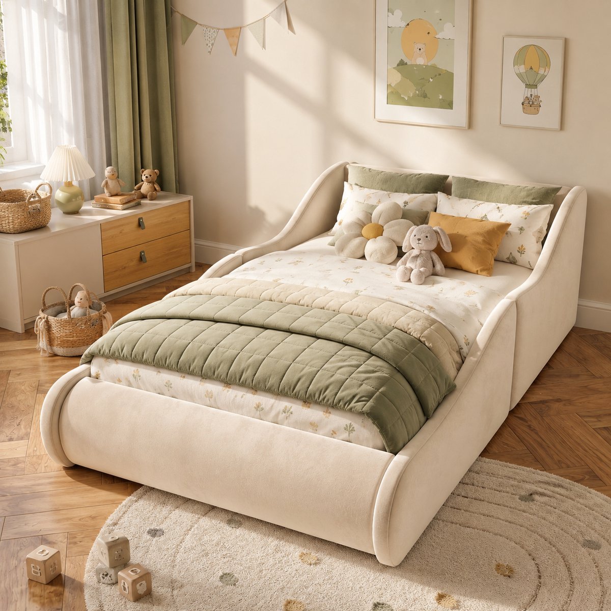 Kinderbed 90x200 cm - Eenpersoonsbed - Gestoffeerd bed - Vloerbed - Met hoofdbord - Met zijhekken - Fluwelen stof - Beige