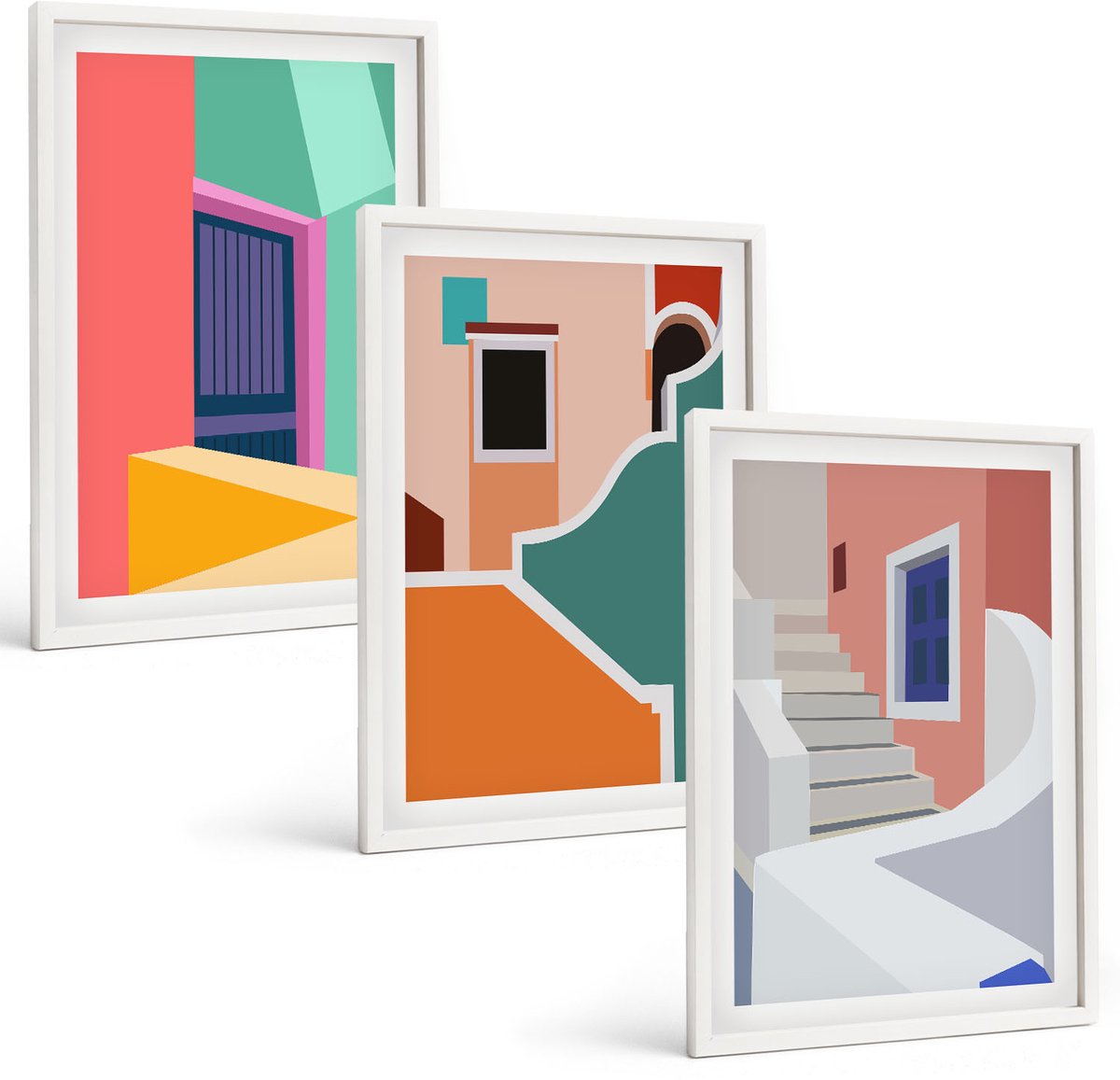 Wallfluent 3-Delige Schilderij Set - Kleurrijke Illustraties Van Gebouwen In Een Moderne Stijl. - 40 x 60 - Schilderijen Set - Wanddecoratie - Woonkamer - Muurdecoratie