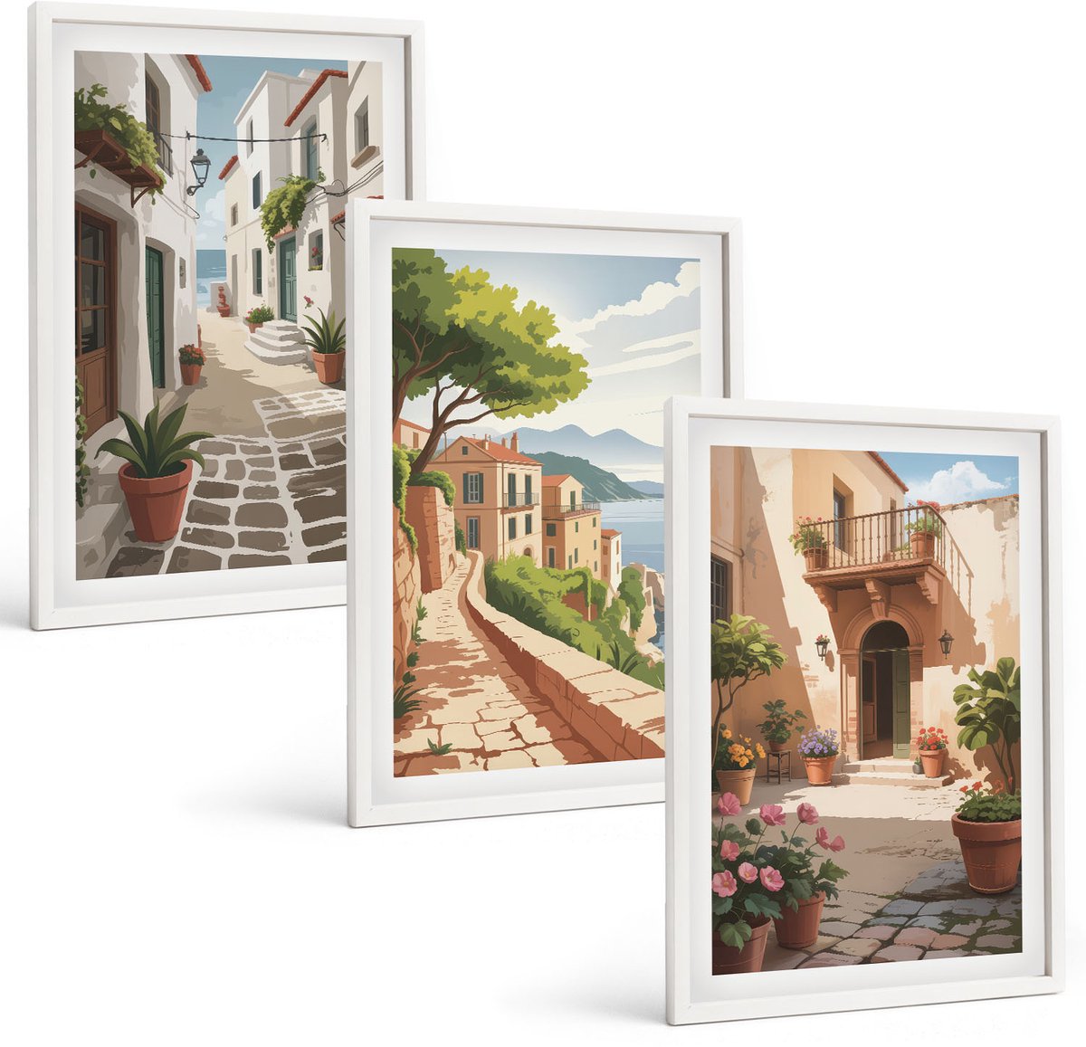 Wallfluent 3-Delige Schilderij Set - Schilderachtige Straatjes Met Huizen En Potplanten. - 40 x 60 - Muurdecoratie - Interieur Decoratie - Woonkamer Decoratie