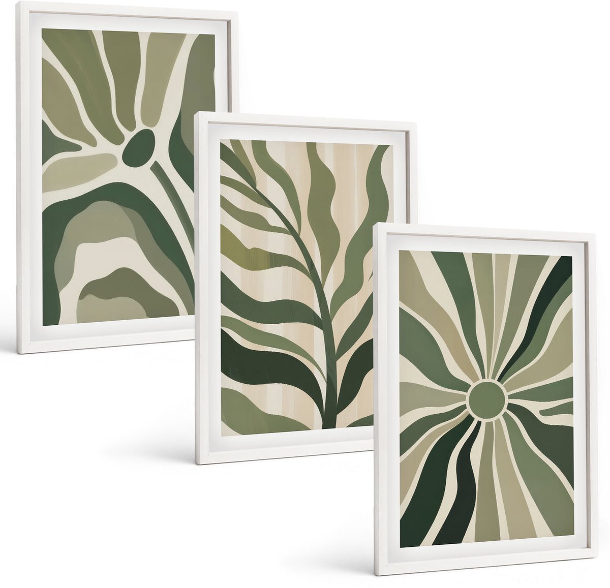 Wallfluent 3-Delige Schilderij Set - Plantenpatronen In Tinten Groen En Beige - 40 x 60 - Muurdecoratie - Decoratieve Schilderijen - Wohnzimmer - Wanddecoratie