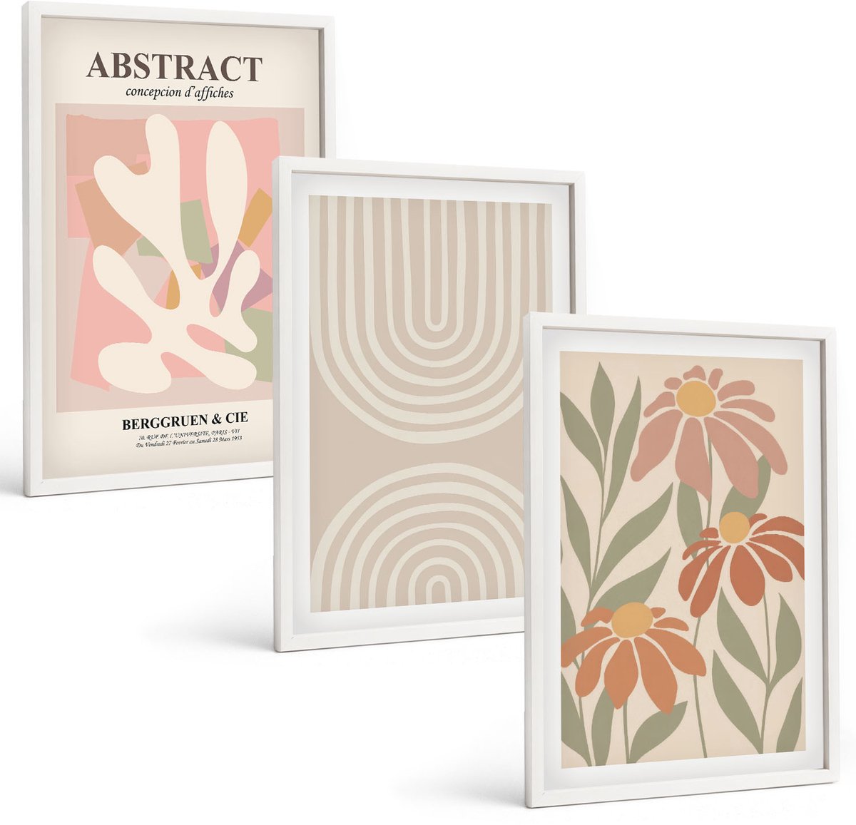 Wallfluent 3-Delige Schilderij Set - Abstracte Vormen Met Plantmotieven In Pastelkleuren. - 40 x 60 - Wanddecoratie - Woonkamer Decoratie