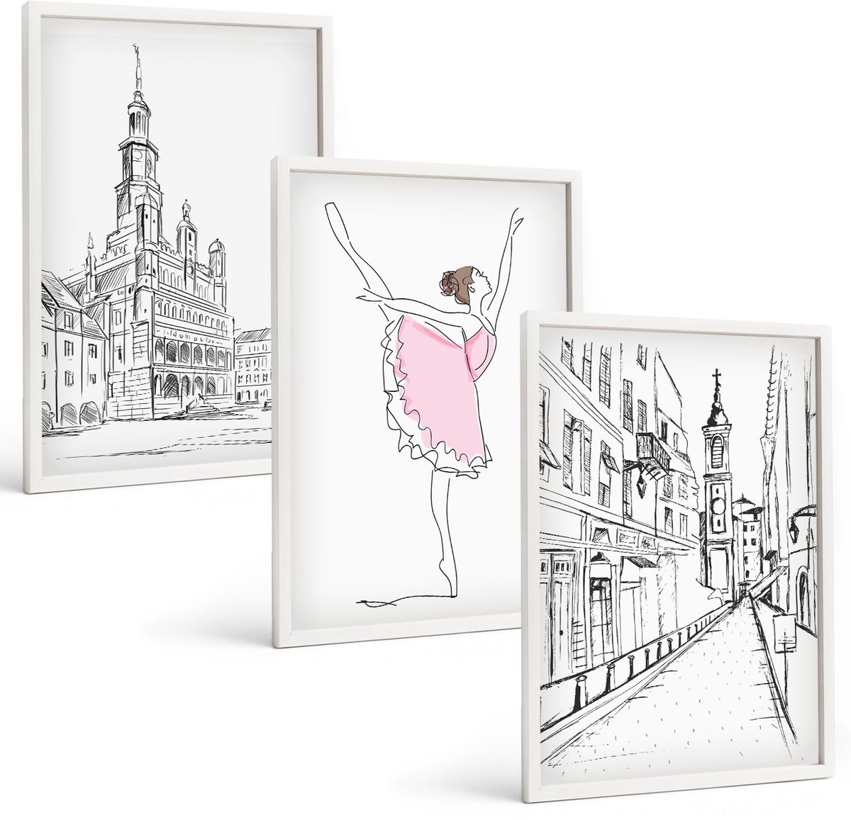 Wallfluent 3-Delige Schilderij Set - Stijlvolle Schilderijen Van Een Dansende Ballerina En Architectuur. - 40 x 60 - Wanddecoratie - Schilderijen Set - Interieur