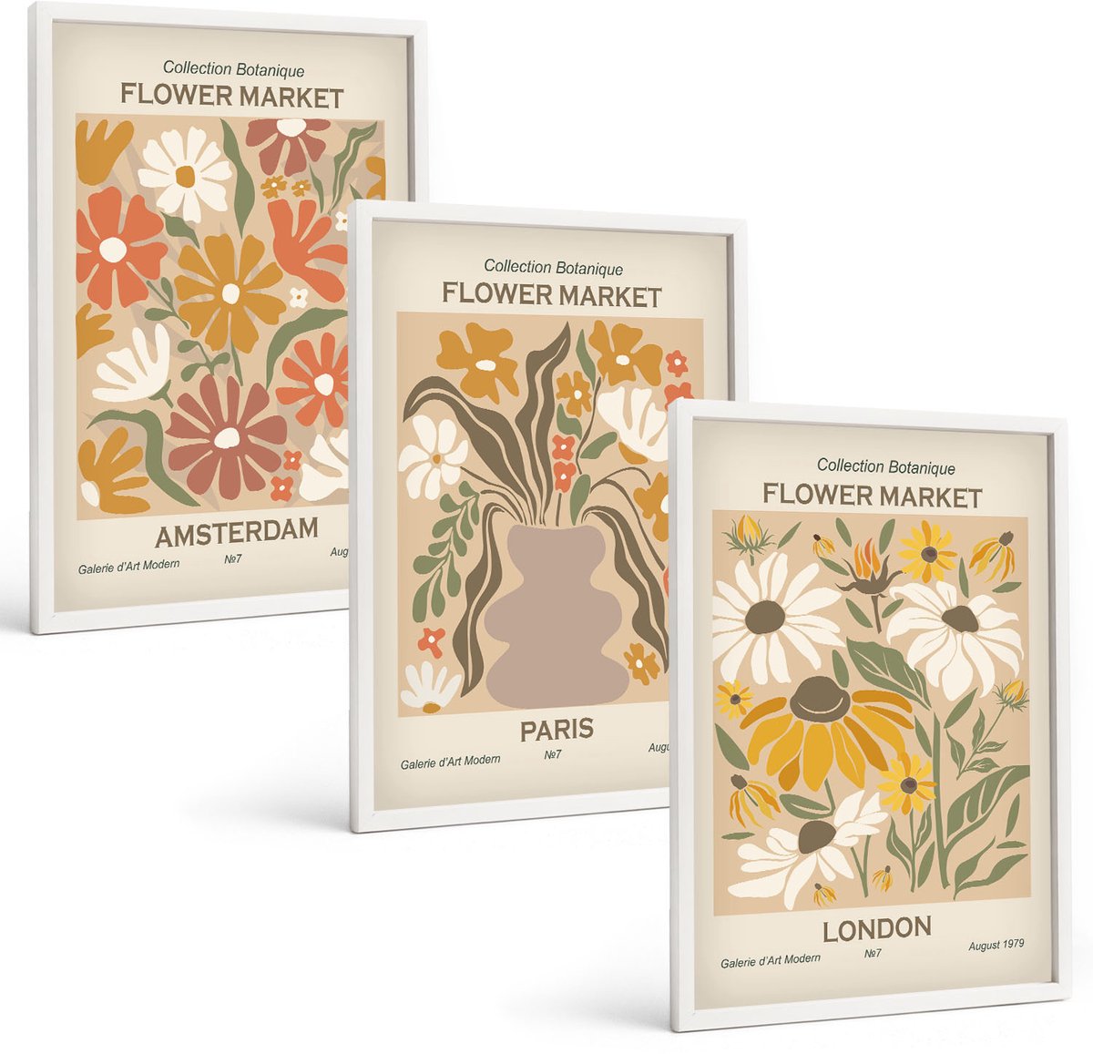 Wallfluent 3-Delige Schilderij Set - Bloemenpatronen Uit Amsterdam, Parijs En Londen - 40 x 60 - Decoratieve Schilderijen - Wanddecoratie - Hal - Muurdecoratie