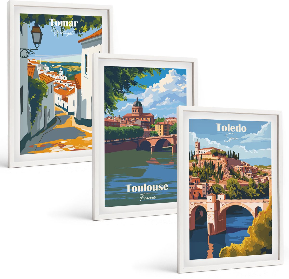 Wallfluent 3-Delige Schilderij Set - Grafische Afbeeldingen Van Beroemde Steden In Retrostijl - 40 x 60 - Wanddecoratie - Muurdecoratie - Woonkamer