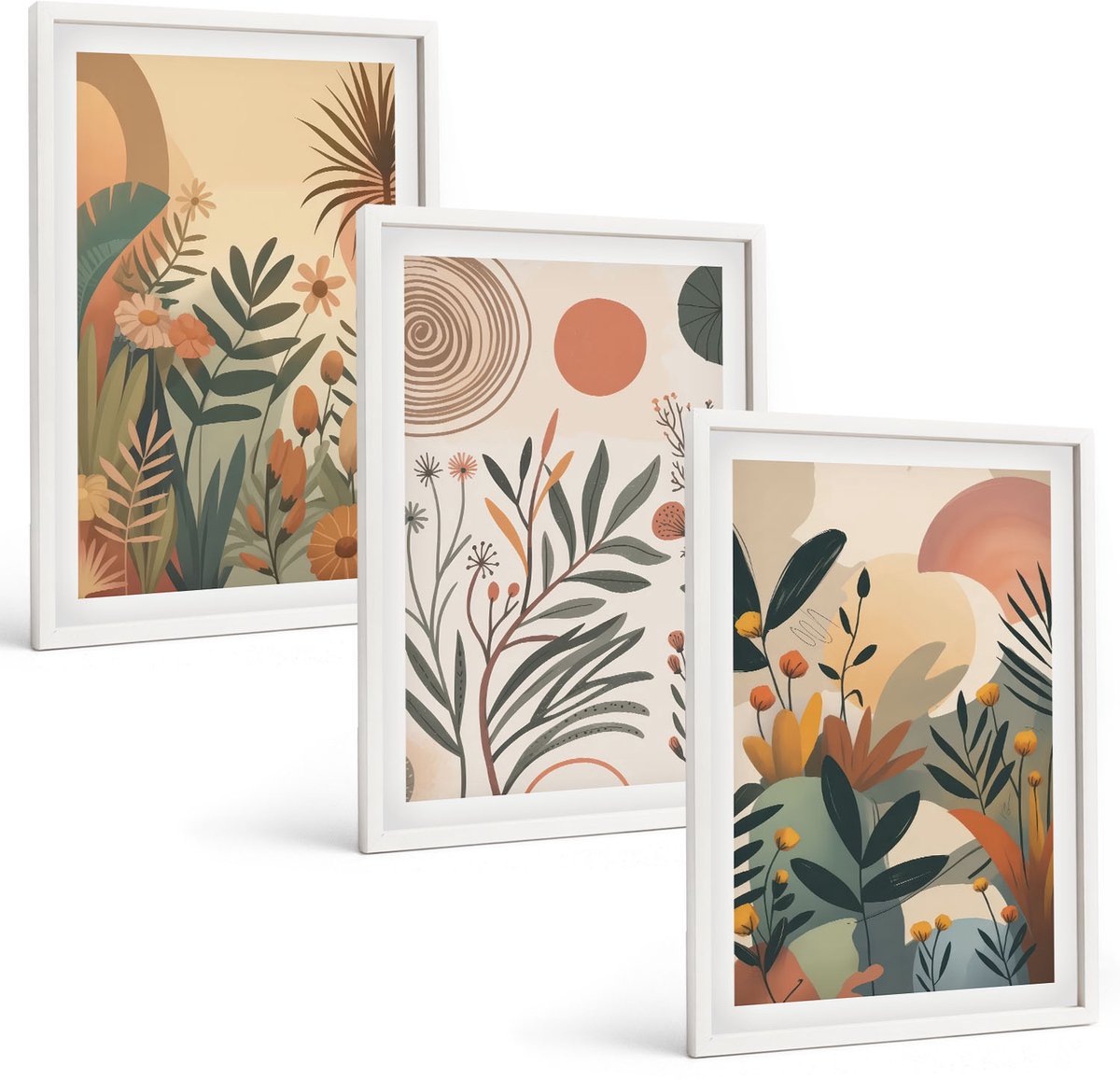 Wallfluent 3-Delige Schilderij Set - Plantmotieven In Gedempte Kleuren Met Cirkels. - 40 x 60 - Moderne Wanddecoratie - Slaapkamer