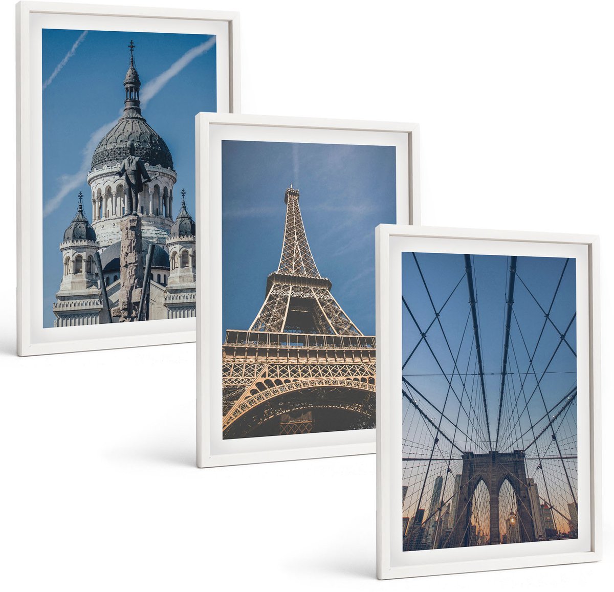 Wallfluent 3-Delige Schilderij Set - Uitzichten Op Beroemde Gebouwen Vanuit Verschillende Steden Over De Hele Wereld. - 40 x 60 - Moderne Wanddecoratie - Woonkamer - Woonkamer Decoratie
