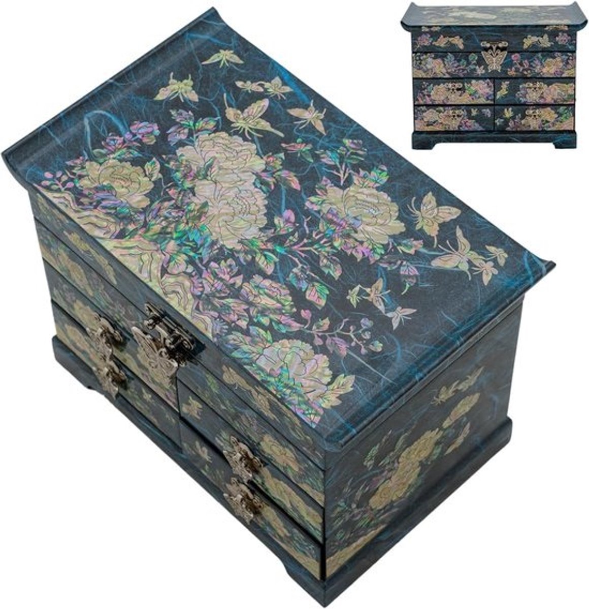 Parelmoer houten sieradenbox met ruime laden voor ringen, armbanden, horloges en kettingen