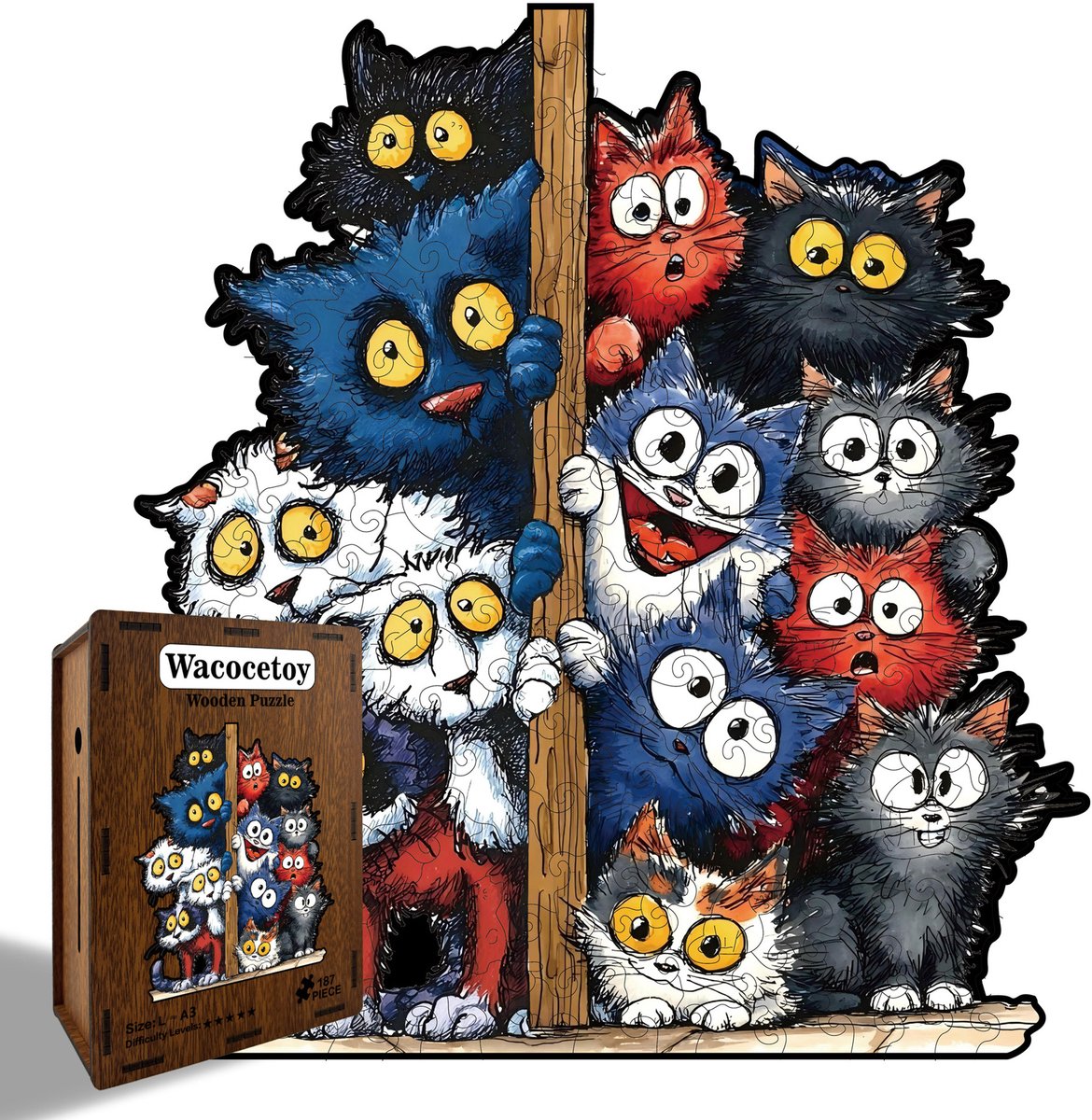 Casalora Houten Geschrokken kat Puzzel - 187 stukjes - Onregelmatige Legpuzzel voor kinderen en volwassenen