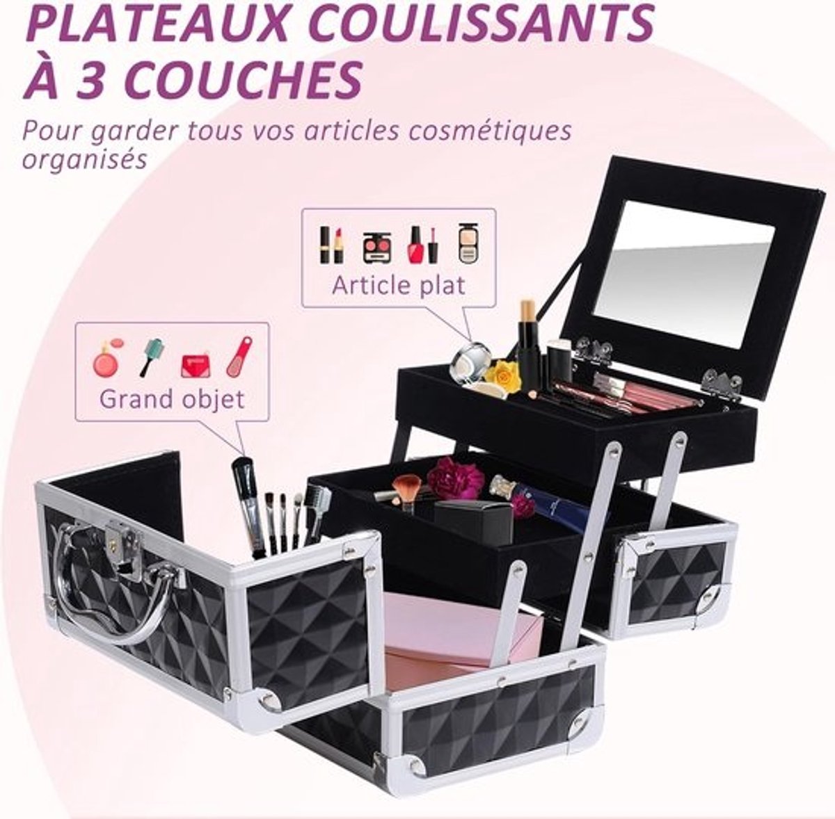 Make-upkoffer met spiegel en slot - 3-lagige opbergkoffer voor cosmetica en sieraden