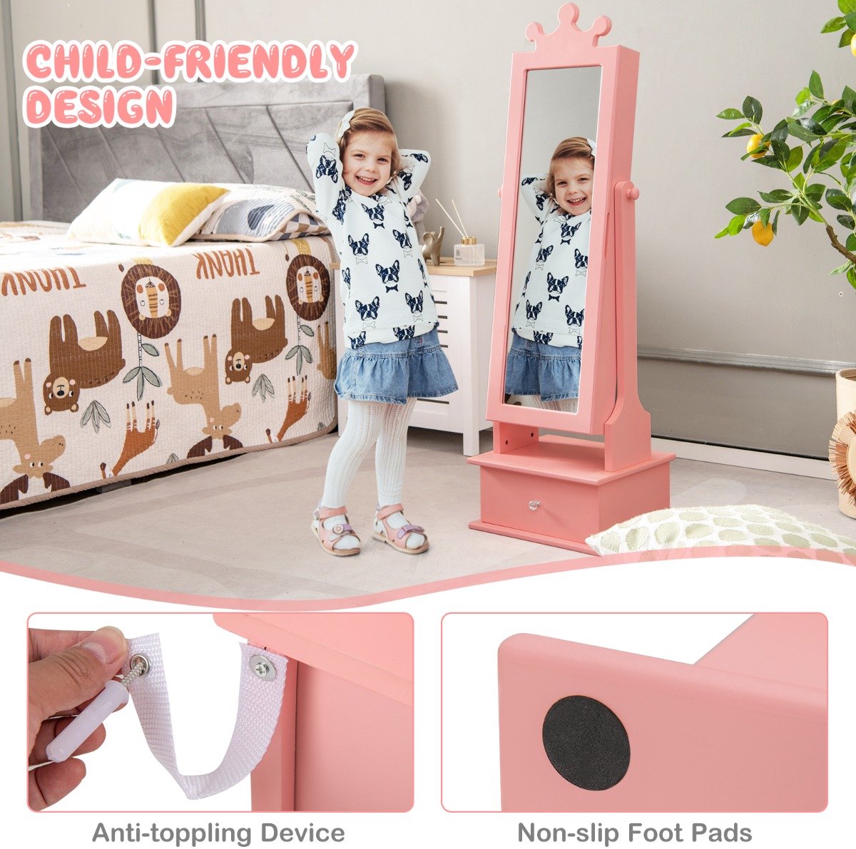 SureDeal® - Sieradenkast - Kindersieradenkastje - Grote Spiegel - Lades Verstelbare Kantelhoeken - Peuters Vanaf Jaar - 34x30x103 cm - Roze