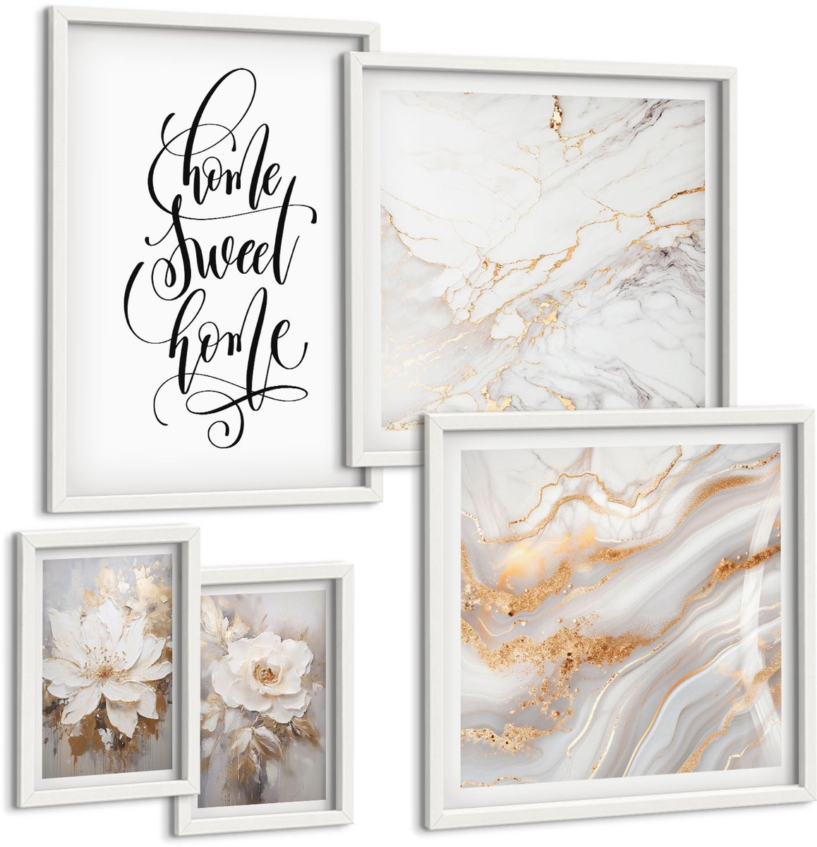 Wallfluent 5-Delige Schilderij Set - Stijlvolle Bloemen En Elegante Marmerpatronen Voor Interieurs - 50 x 50 cm, 20 x 30 cm En 40 x 60 cm - Muurdecoratie - Schilderijen Set - Woonkamer - Decoratieve Schilderijen