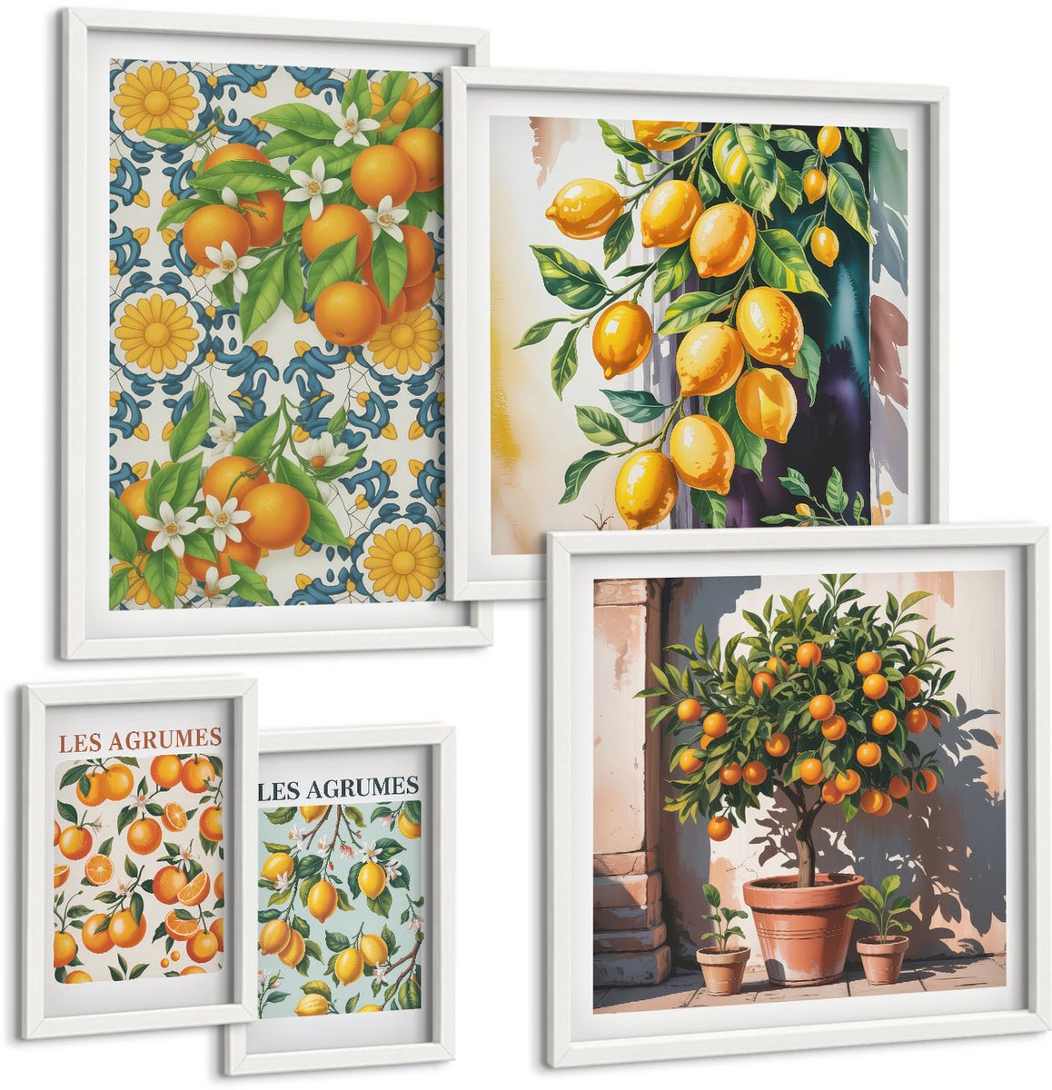 Wallfluent 5-Delige Schilderij Set - Citrusinspiratie Met Fruit En Bloemen In Een Vintage Stijl - 50 x 50 cm, 20 x 30 cm En 40 x 60 cm - Wanddecoratie - Muurdecoratie - Woonkamer - Moderne Wanddecoratie