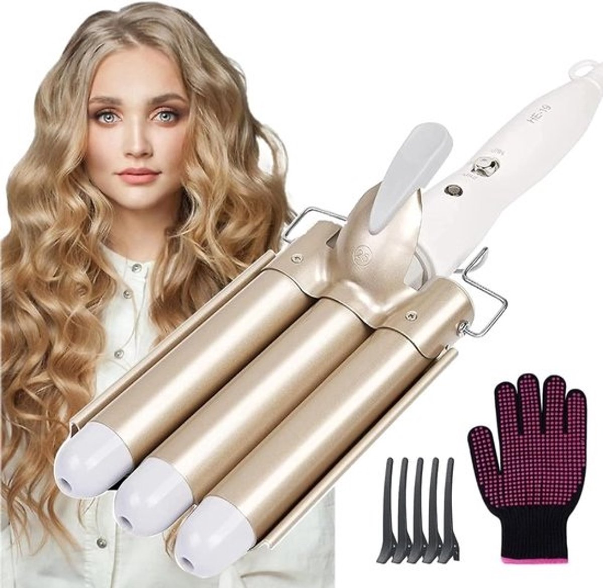 Wafeltang – Wafeltang Voor Dik en Dun Haar – Wave Tang Voor krullen – Krultang met Handschoenen – Met Haarspelden - Styling