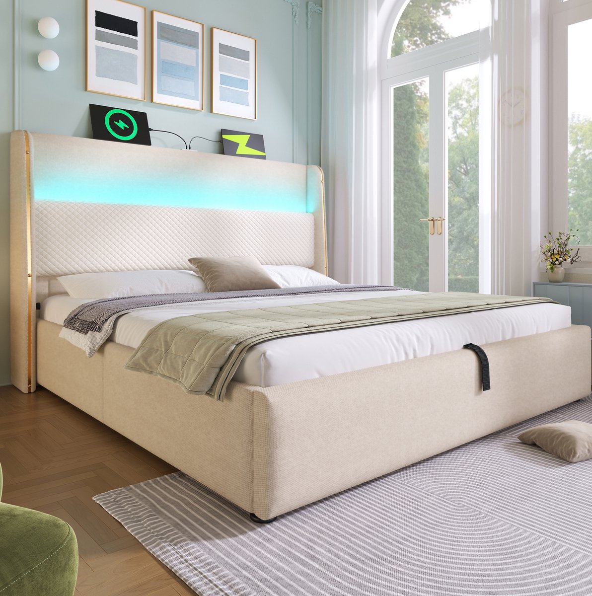 REDOM - Bed - Hoog hoofdbord met LED-verlichting - Hydraulische opbergruimte - USB en Type-C-oplaadstation - Modern - Slaapkamer - Stof en Hout en Metaal - Beige - 180 x 200 cm