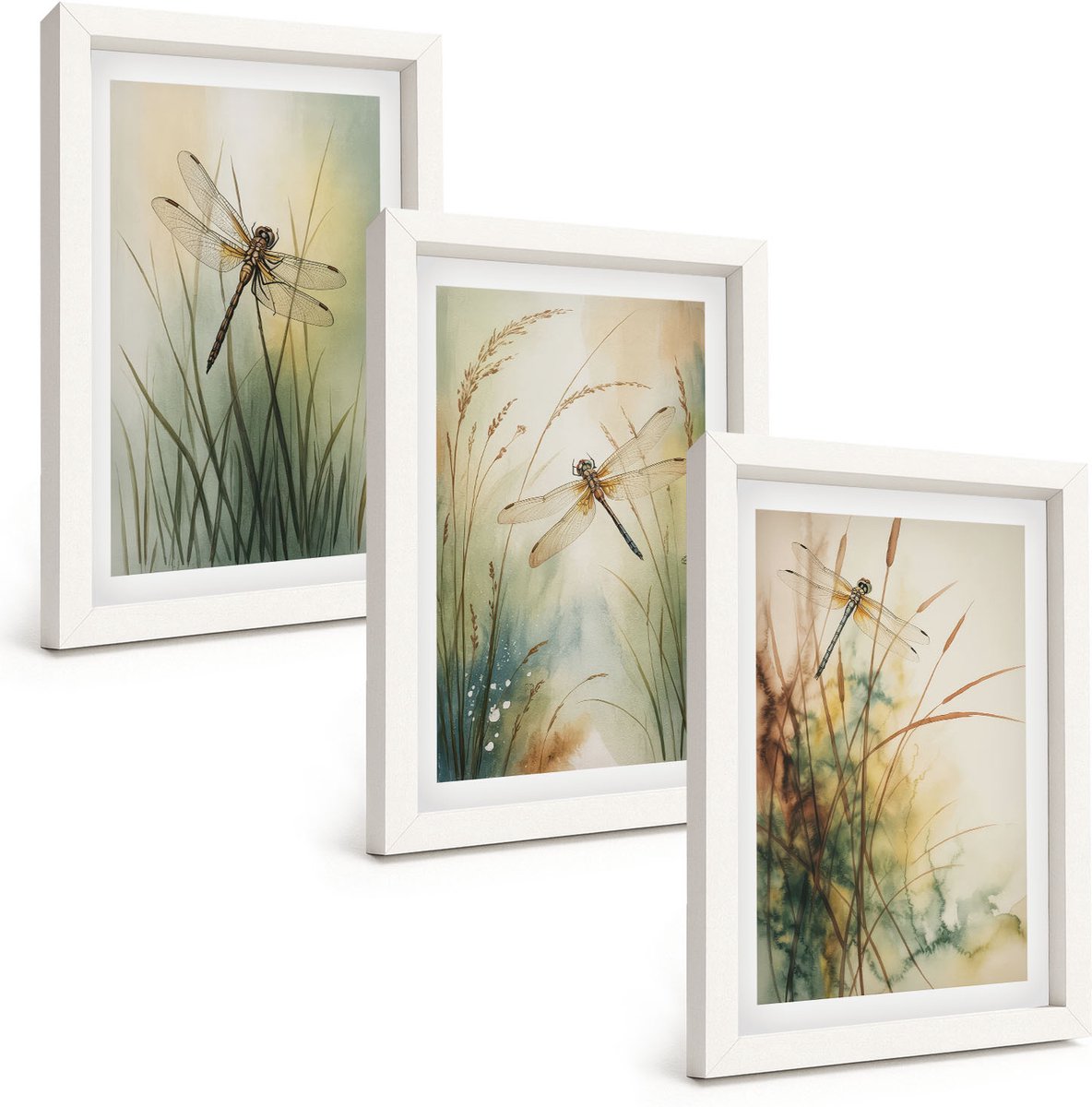 Wallfluent 3-Delige Schilderij Set - Geschilderd Gras Met Libellen Boven Het Water. - 20 x 30 - Decoratieve Schilderijen - Wanddecoratie - Hal - Woonkamer Decoratie