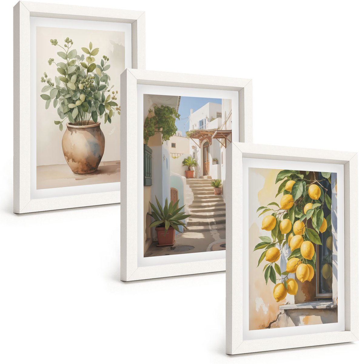 Wallfluent 3-Delige Schilderij Set - Potplanten En Citroenen Tegen De Achtergrond Van Een Straat. - 20 x 30 - Decoratieve Schilderijen - Woonkamer - Interieur - Muurdecoratie