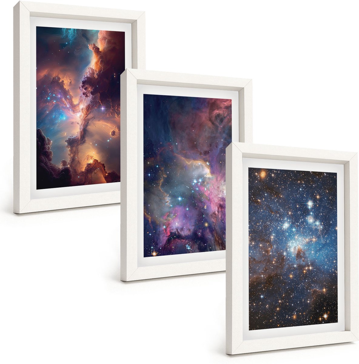 Wallfluent 3-Delige Schilderij Set - Ruimtelandschappen Met Sterren En Nevels - 20 x 30 - Moderne Wanddecoratie - Woonkamer - Stijlvolle Muurdecoratie