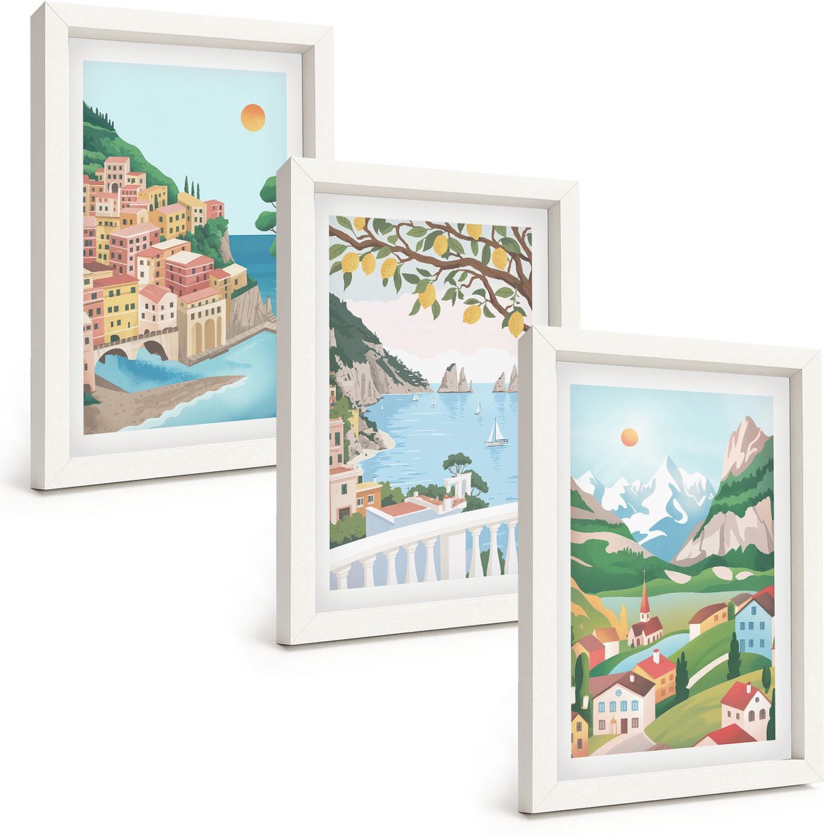 Wallfluent 3-Delige Schilderij Set - Uitzicht Op Zee Met Pastelkleurige Huizen - 20 x 30 - Wanddecoratie - Moderne Interieurdecoratie