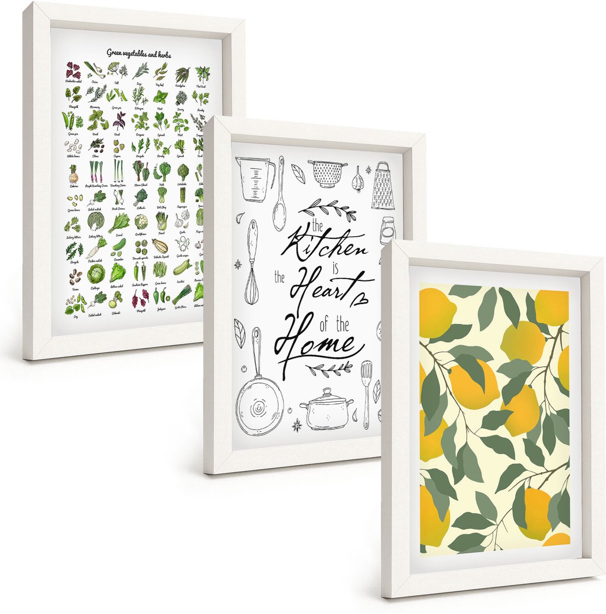 Wallfluent 3-Delige Schilderij Set - Lijst Met Keukenkruiden, Belettering En Beschilderde Citroenen - 20 x 30 - Wanddecoratie - Moderne Interieurdecoratie - Moderne Wanddecoratie