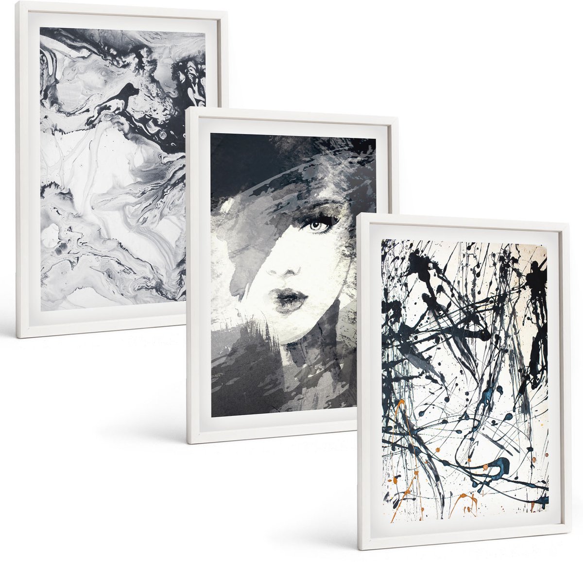 Wallfluent 3-Delige Schilderij Set - Abstracte Patronen In Zwart-Wit Tinten - 40 x 60 - Stijlvolle Muurdecoratie - Slaapkamer - Interieur Decoratie