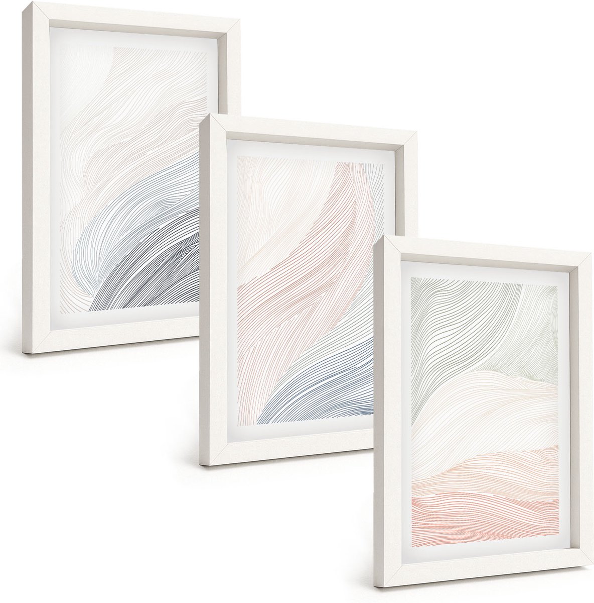 Wallfluent 3-Delige Schilderij Set - Abstracte Golven Schilderij Op Karton Met Pastelkleuren - 20 x 30 - Moderne Wanddecoratie - Slaapkamer - Woonkamer Decoratie