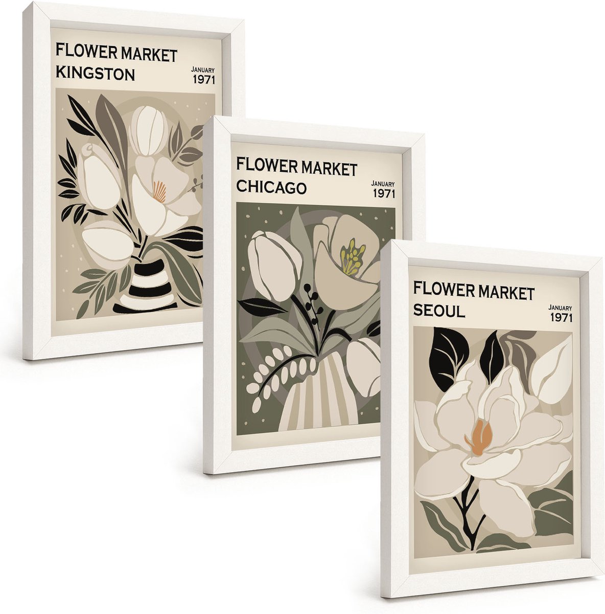 Wallfluent 3-Delige Schilderij Set - Bloemen Van De Markten Van Kingston, Chicago En Seoul In Een Retrostijl. - 20 x 30 - Muurdecoratie - Interieur Decoratie - Wanddecoratie