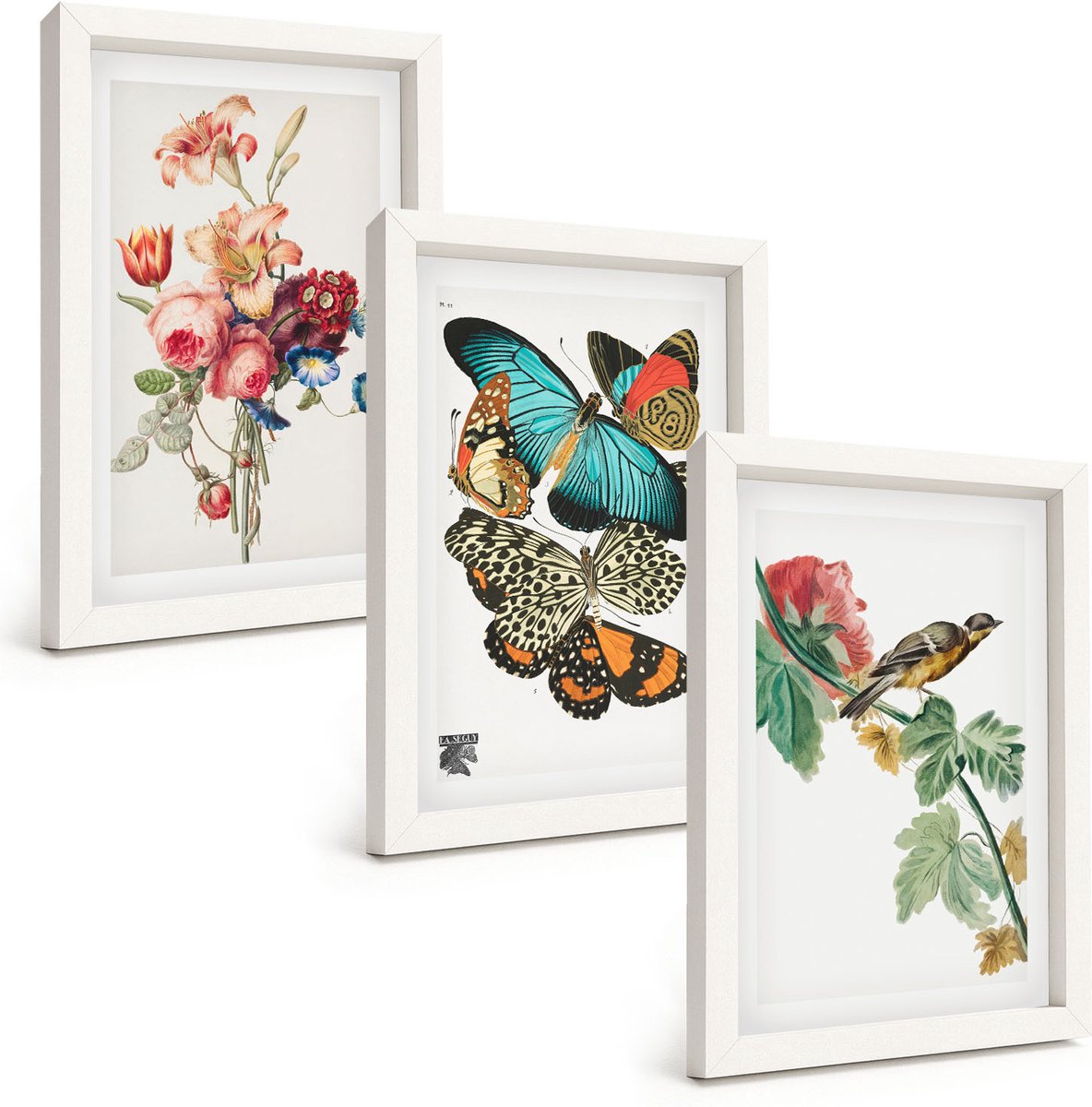 Wallfluent 3-Delige Schilderij Set - Bloemen, Vlinders En Vogels In Pasteltinten - 20 x 30 - Muurdecoratie - Decoratieve Schilderijen - Wohnzimmer - Wanddecoratie