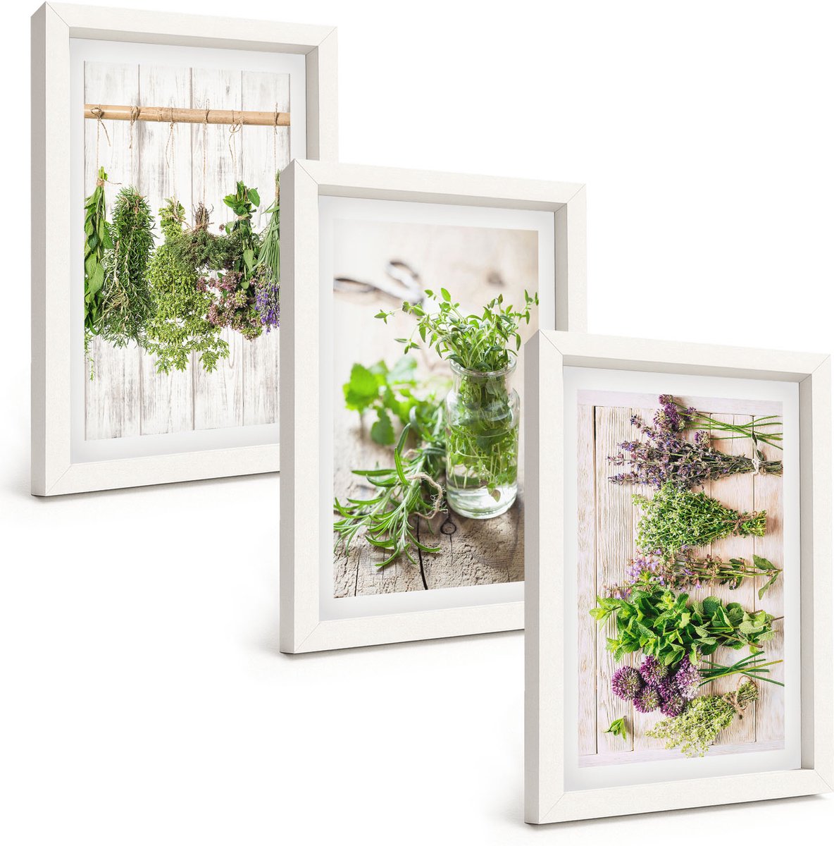 Wallfluent 3-Delige Schilderij Set - Kruiden En Planten Drogen Voor In De Keuken - 20 x 30 - Muurdecoratie - Wanddecoratie - Hal