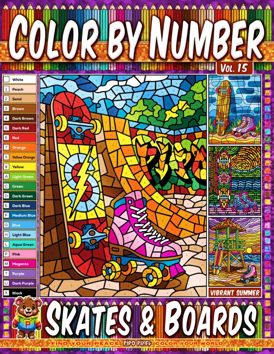 Color by Number Vol. 15 - Skates and Boards: Vibrant Summer Edition - 20 Pages in Diverse Art Styles - ShopVlot