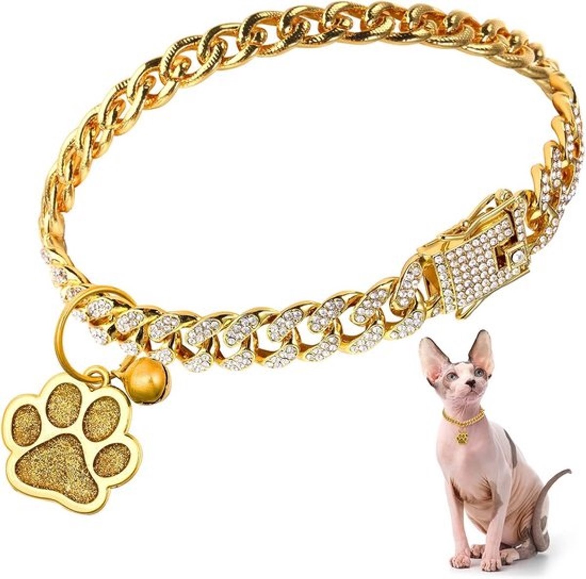 Glitterende Kattenhalsband met Paw Tag en Belletje - Gouden, Verstelbare Accessoire