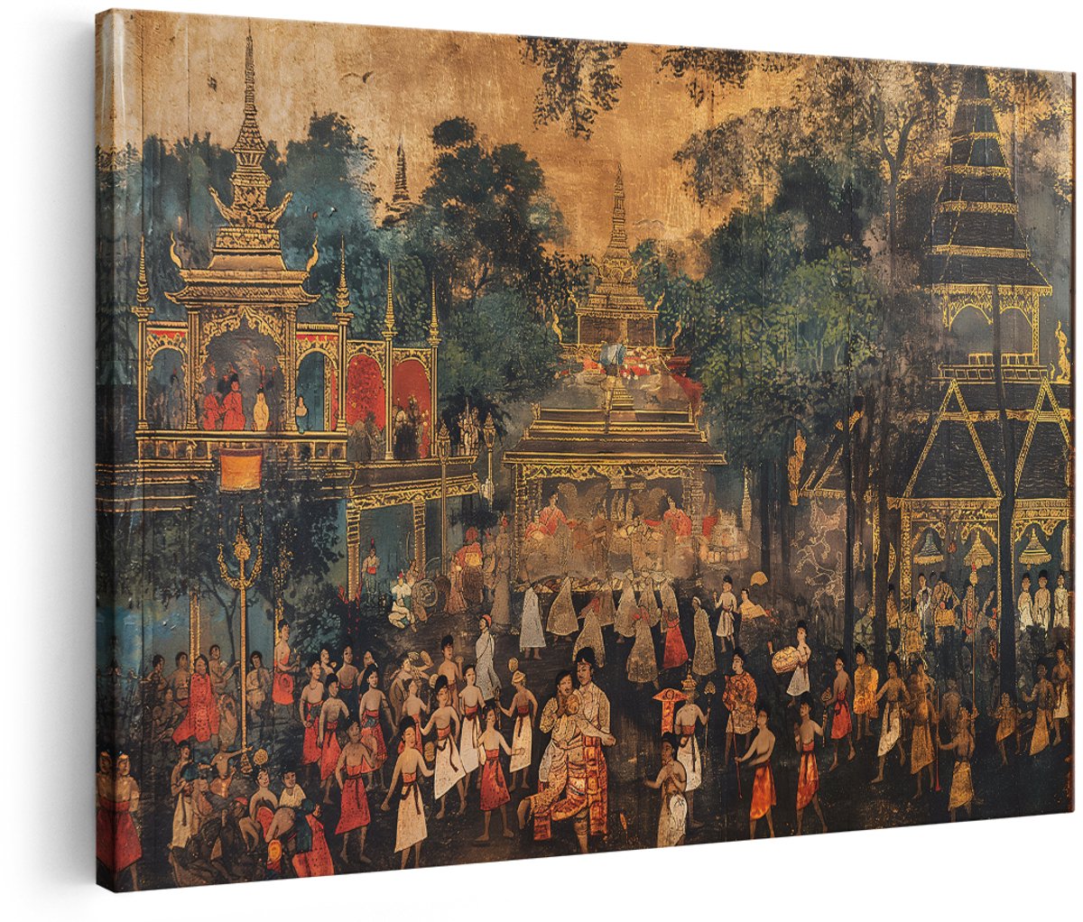 Artaza Canvas Schilderij Thaise Muurschildering - 180x120 cm - Groot - Vintage Wanddecoratie - Muurdecoratie Tempel - Aziatisch Schilderij - Decoratie Goud