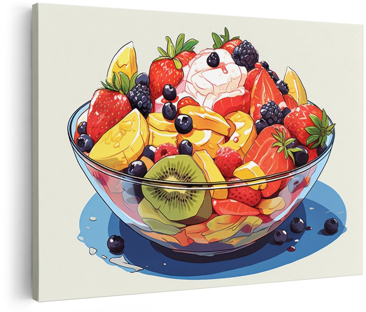 Artaza Canvas Schilderij Fruitsalade - 180x120 cm - Groot - Wanddecoratie Keuken - Muurdecoratie Fruit - Decoratie Aardbeien Kiwi - Kleurrijk