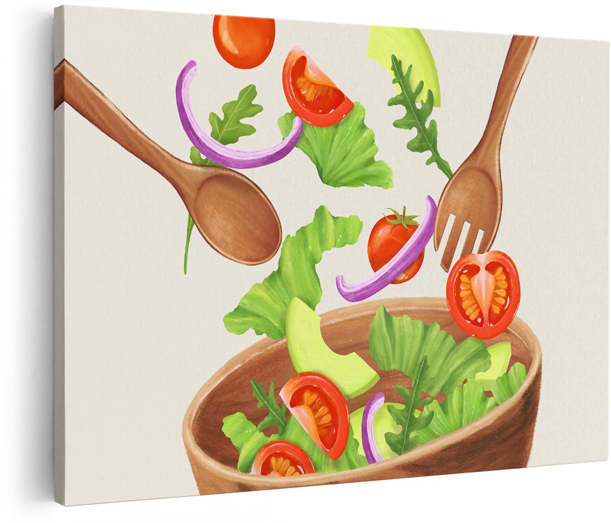 Artaza Canvas Schilderij Salade - 180x120 cm - Groot - Wanddecoratie Keuken - Muurdecoratie Groente - Decoratie Houten Kom