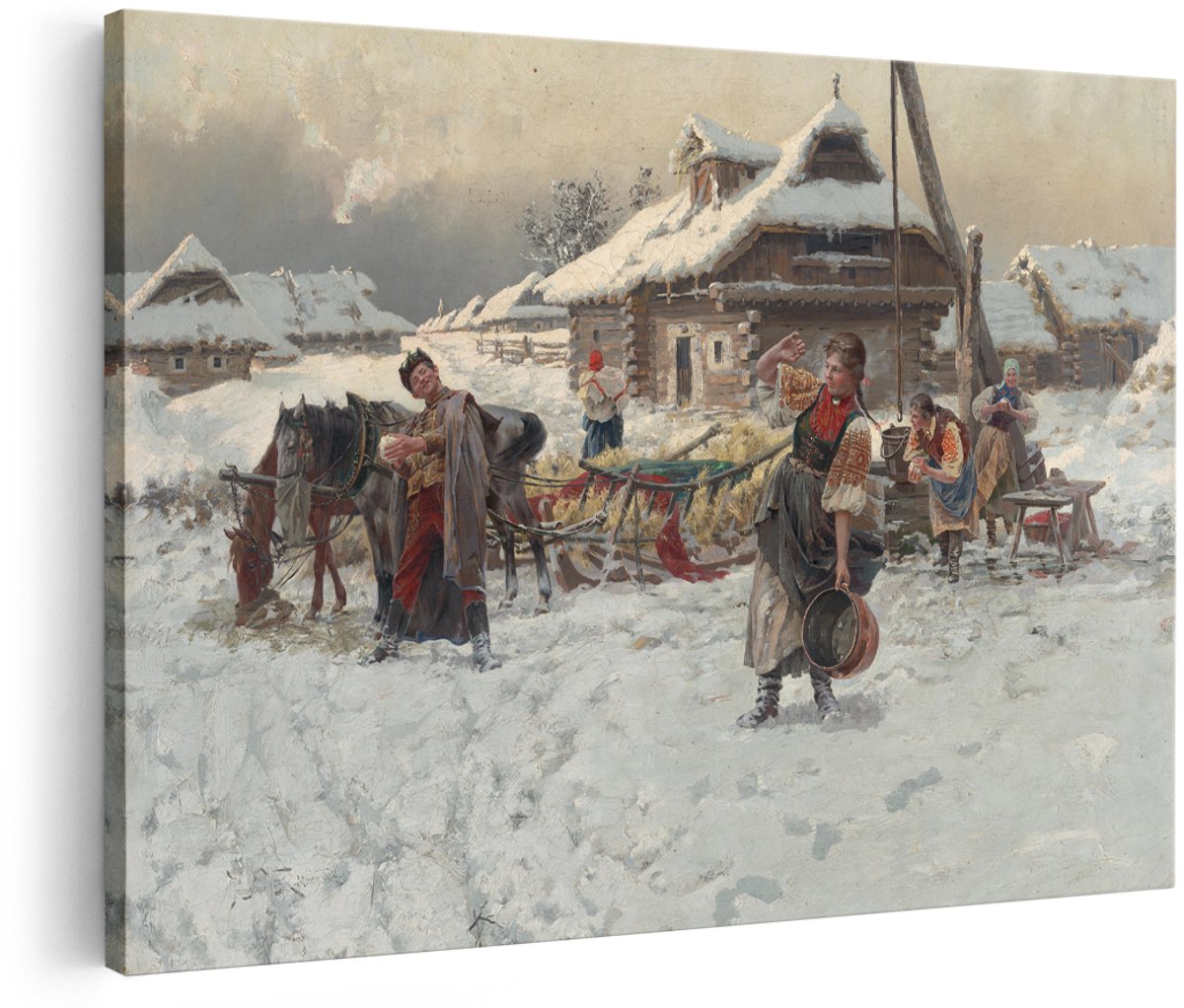 Artaza Canvas Schilderij Winterlandschap - 180x120 cm - Groot - Wanddecoratie Paard En Slee - Muurdecoratie Klassiek Dorp - Schilderijen Op Canvas