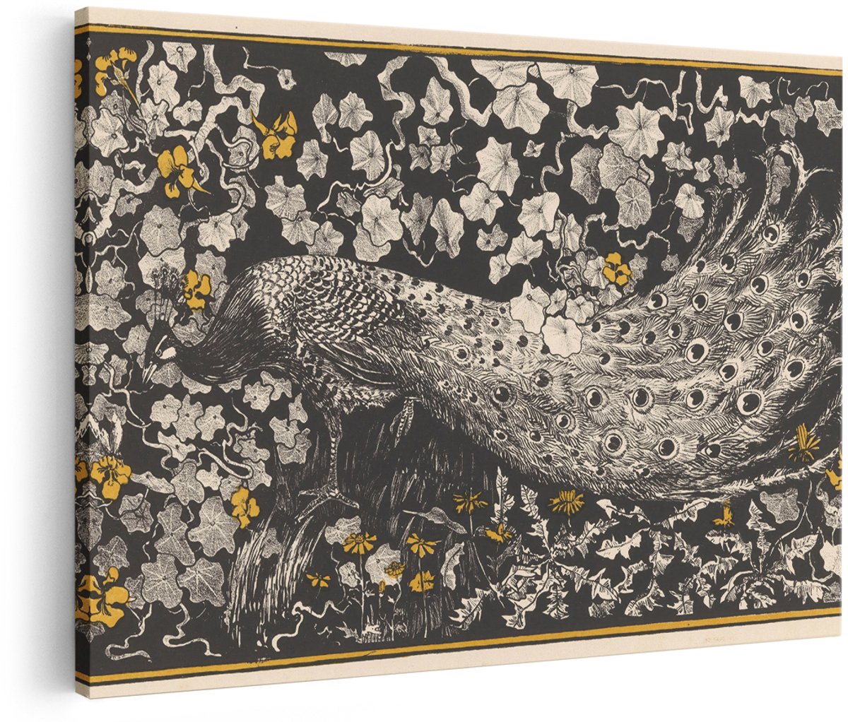 Artaza Canvas Schilderij Pauw - 180x120 cm - Groot - Wanddecoratie Vogels - Muurdecoratie Bloemen - Decoratie Vintage - Schilderijen Op Canvas