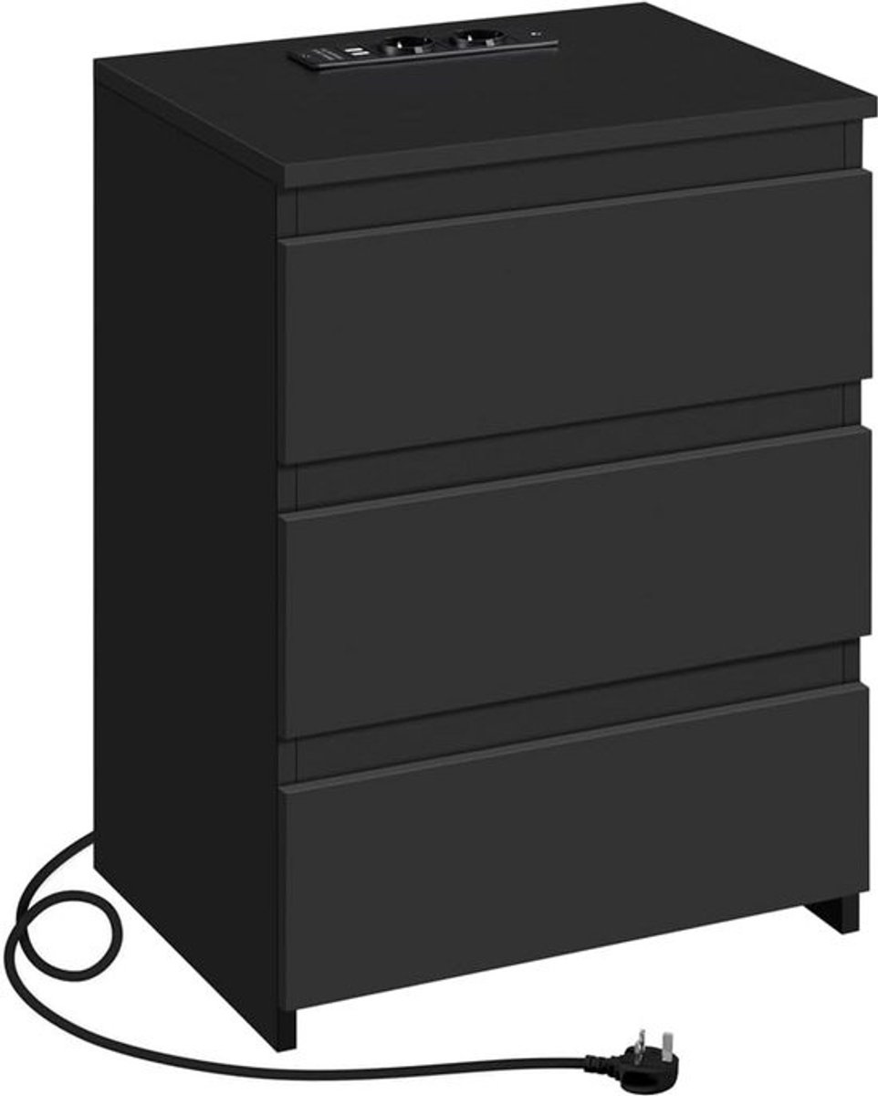 Nachtkastje met 3 Laden, Ingebouwd Laadstation (2x Stopcontact & 2x USB)