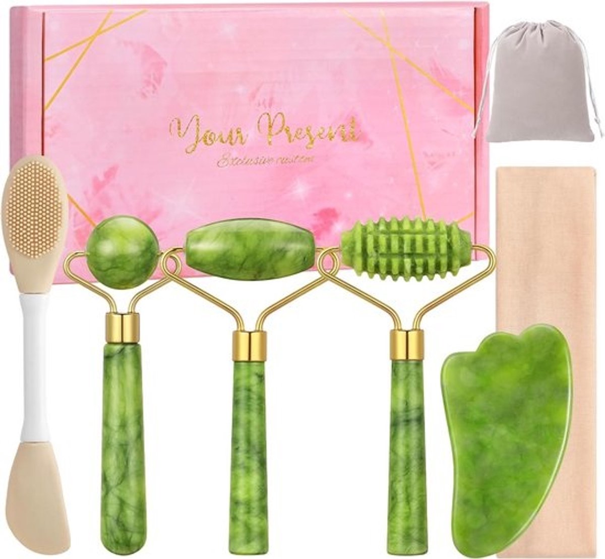 6-Delige Jade Roller & Gua Sha Set voor Gezichtsmassage en Huidverzorging