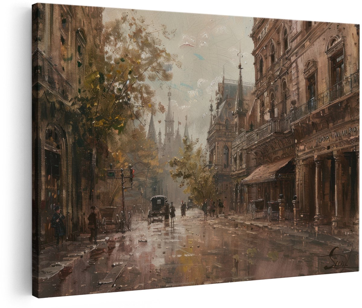 Artaza Canvas Schilderij Parijs - 180x120 cm - Groot - Vintage Wanddecoratie Straatscène - Muurdecoratie Paardenkoets - Decoratie Woonkamer