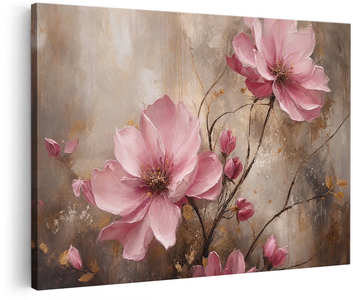 Artaza Canvas Schilderij Roze Bloemen - Abstracte Kunst Met Zachte Aardetinten - 180x120 cm - Groot - Wanddecoratie Woonkamer - Schilderijen - Muurdecoratie