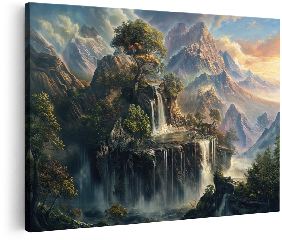 Artaza Canvas Schilderij Berglandschap - 180x120 cm - Groot - Wanddecoratie Waterval - Muurdecoratie Natuur - Decoratie Zonsondergang Bergen