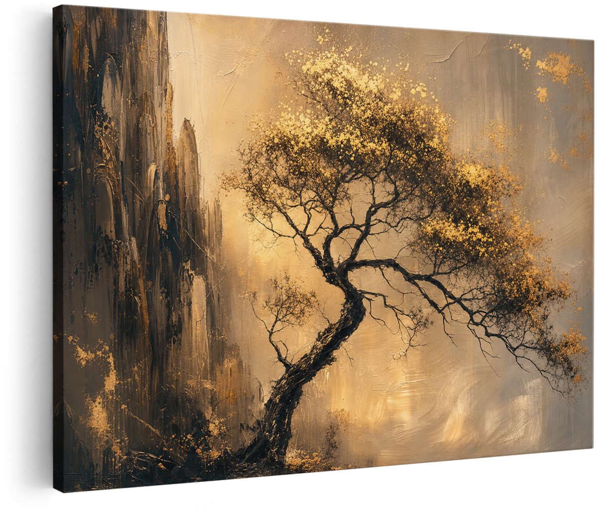 Artaza Canvas Schilderij Gouden Boom - Abstract Landschap - 180x120 cm - Groot - Wanddecoratie Woonkamer - Schilderijen - Muurdecoratie