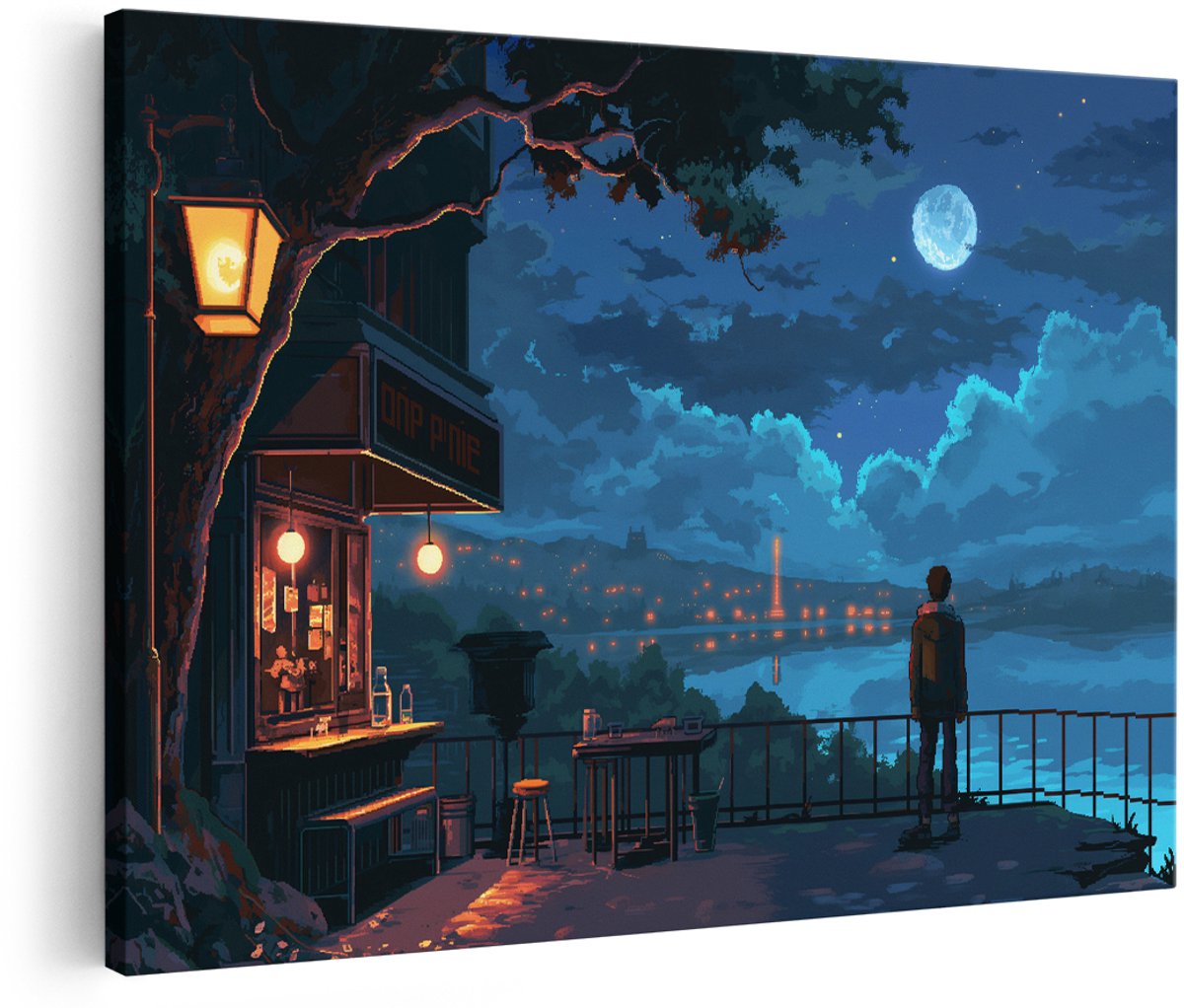 Artaza Canvas Schilderij Pixel Art - 180x120 cm - Groot - Wanddecoratie Stad Bij Nacht - Muurdecoratie Volle Maan - Decoratie Slaapkamer