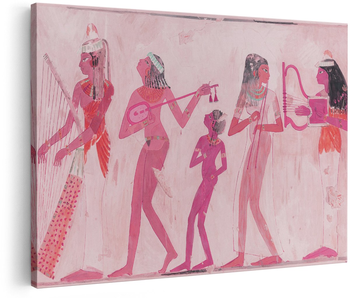 Artaza Canvas Schilderij Egyptische Muurschildering - 180x120 cm - Groot - Wanddecoratie Muzikanten - Muurdecoratie Harp En Luit - Schilderijen Oud Roze