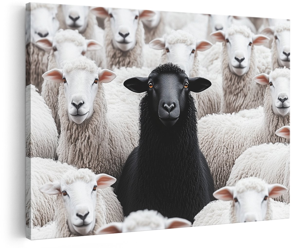 Artaza Canvas Schilderij Zwart Schaap - 180x120 cm - Groot - Wanddecoratie Dieren - Muurdecoratie Kudde - Decoratie Zwart Wit